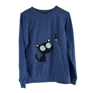Lilicloth Playful Cat Graphic Blue lightweight Sweatshirt